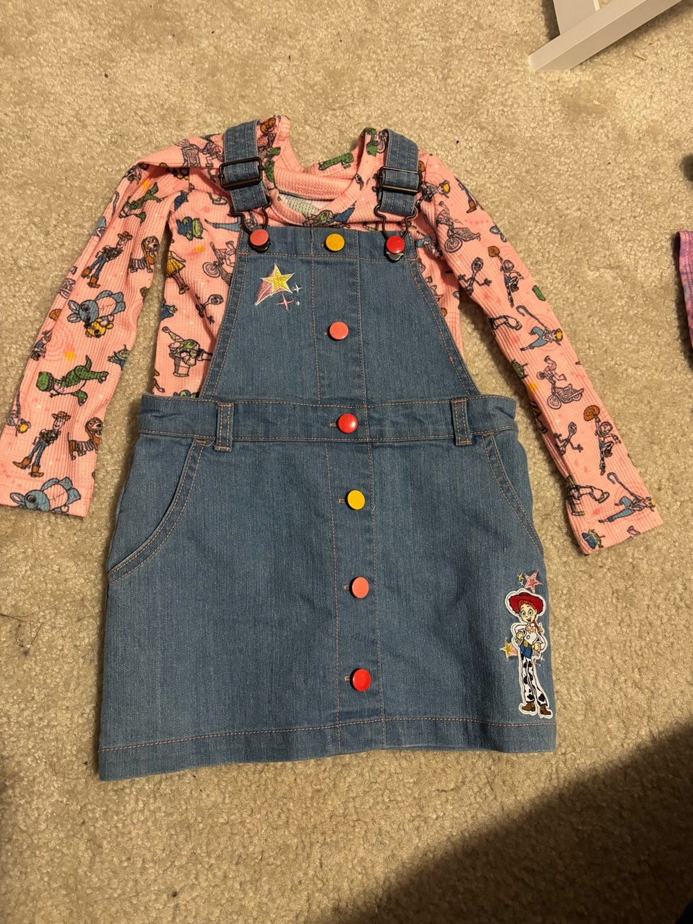 Toy Story Girls Denim Overall Dress with Colorful Buttons and Star Patch